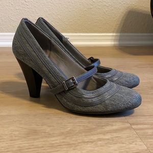 Brass Buckled Gray and White Plaid Heels